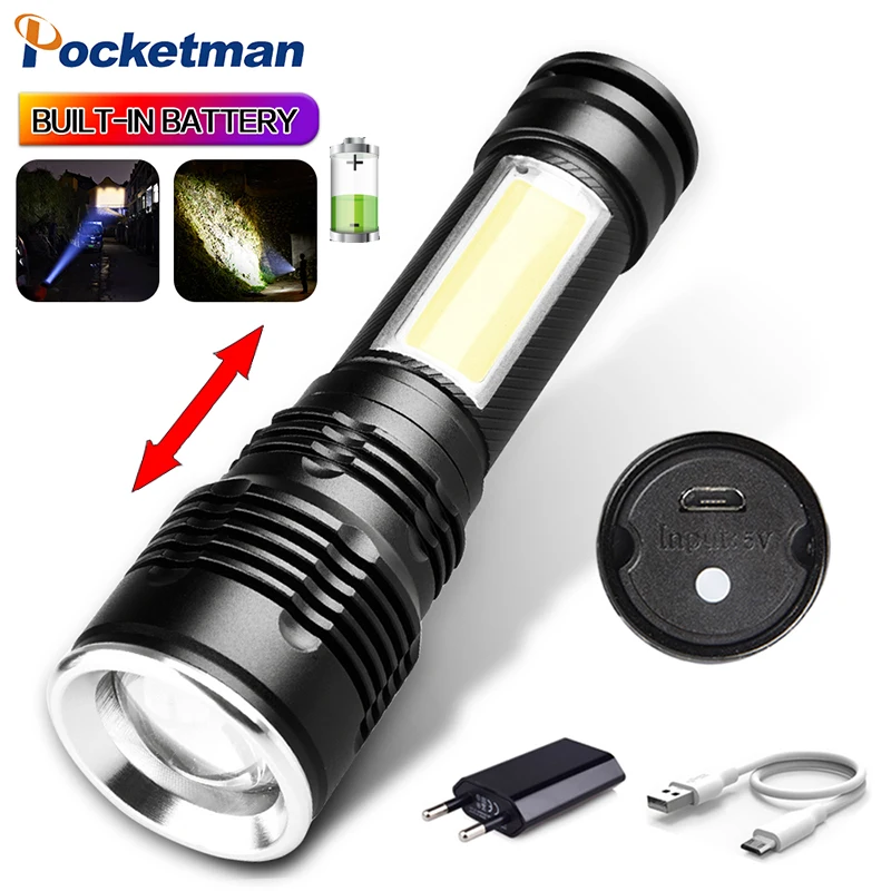 

Powerful COB + LED Zoom Flashlight with Hand Strap USB Rechargeable Flash light with Built-in 18650 Battery Tactical Flashlight