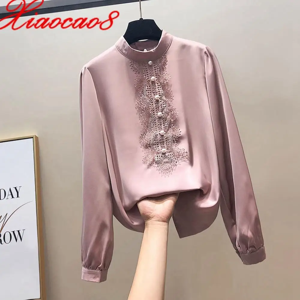 

Women Plus Size Chiffon Blouse Korean Style Turtleneck Pearl Button Shirt Solid Temperament Femme Top Clothes Woman Blouses