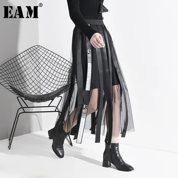 

[EAM] High Elastic Waist Black Mesh Ribbon Split Temperament Half-body Skirt Women Fashion Tide New Spring Autumn 2020 1N19201