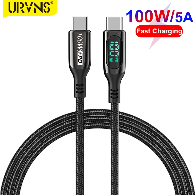 Кабель URVNS 100 Вт Type-C на USB C со светодиодным дисплеем 5A USBC кабель для быстрой
