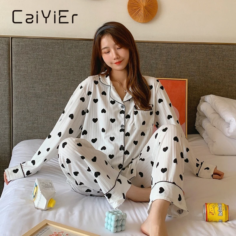 

CAIYIER Women Winter Pajamas Set Peach Heart Turn-down Collar Long Sleeve Trousers Sleepwear Cute Autumn Nightwear Home Clothing