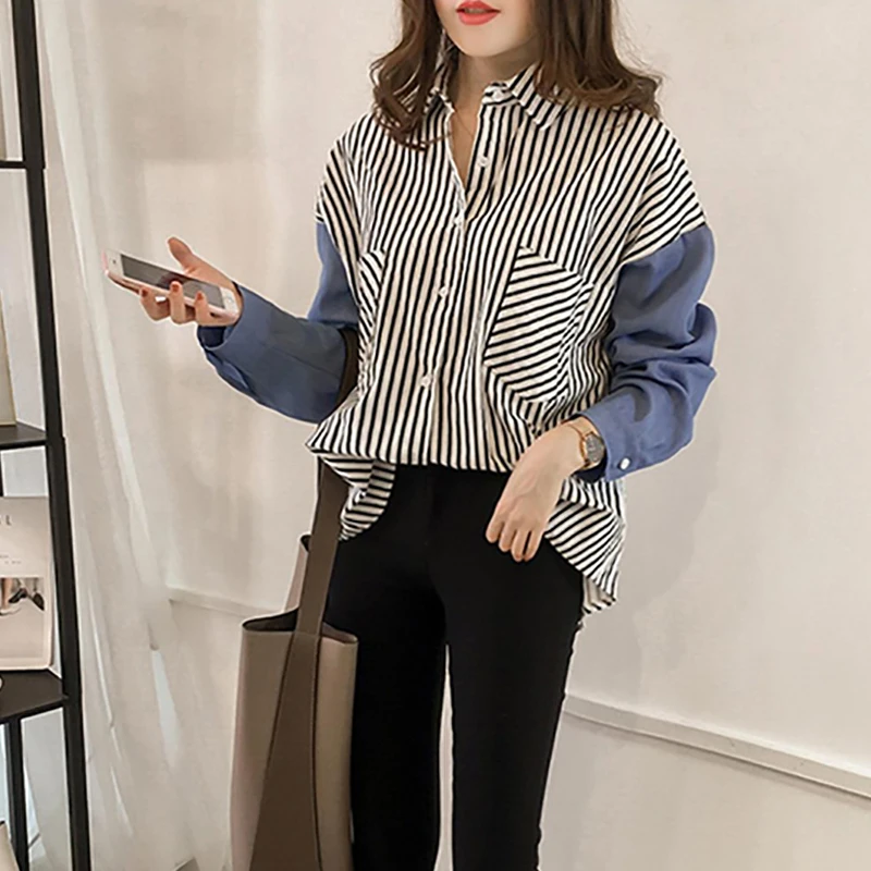 

Women Shirt Striped Denim Patchwork Long Sleeve Autumn Plus Size Blouse Shirts Pocket Casual Streetwear Lady Tops