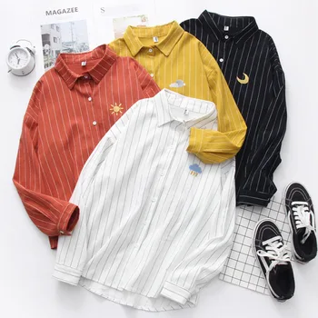 

Striped Shirt Office Blouse Women White Shirt Casual Wear Button Up Turn Down Collar Long Sleeve Embroidery Cotton Blouse 2020