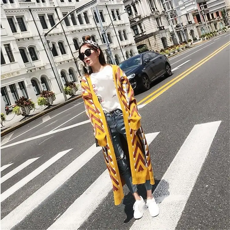 ^Cheap Women Autumn Street Style V-Neck Knitting Coat Casual Open Stitch Sweater Coat Loose Striped Thick Long Cardigan