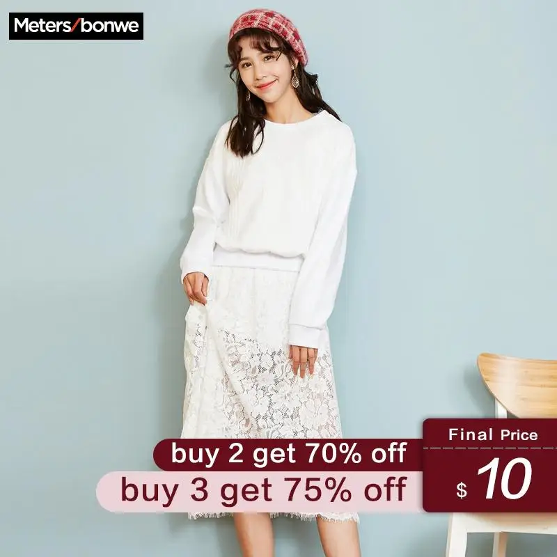 

Metersbonwe Long Knitted Dress Women Sweater Lace Panelled Dress Shirt Office Ladies 2019 Autumn Winter Dress Women Dress
