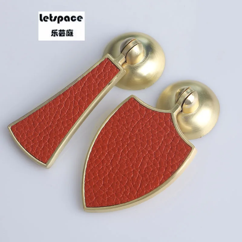 

10pcs Free Shipping Modern simple Red Leather Pulls Hardware Furniture Handles Antique Brass Fashion Wardrobe Cabinet Knobs 70mm