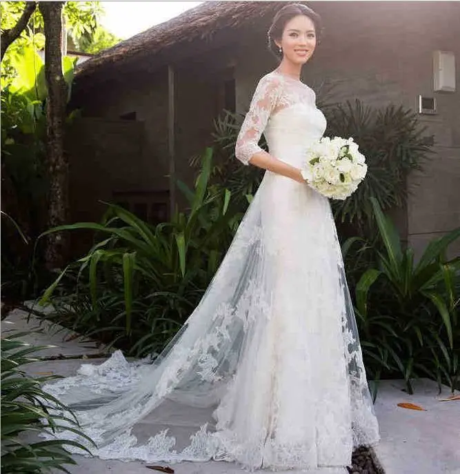 

Ladies Slim A-line Sexy Lace Tulle Elegant Long Wedding Dress Bride Train Half Sleeve Wedding Formal Dresses Vestidos De Novia