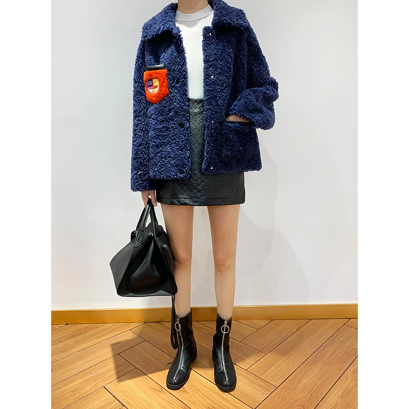 Blue Пальто из натурального меха, женская элегантная короткая куртка для стрижки овец, женская одежда, Корейская винтажная Толстая шерсть, меховые Топы Hiver 19295 - Цвет: Blue
