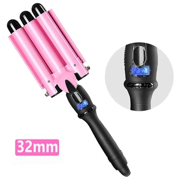 

3 Barrel Tourmaline Wand Professional Large Beach Wave Curling Iron Salon Curlers with LCD Display and 13 Adjustable Temperature
