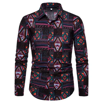 

Fashion Ethnic Print Shirt Men Camisa Hombre 2019 Spring Autumn New Long Sleeve Mens Dress Shirts Slim Fit Business Casual Shirt