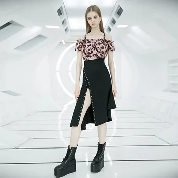 

Women's Gothic Boat Neck Ruched Leopard Printed Crop Tops PT-469DQ