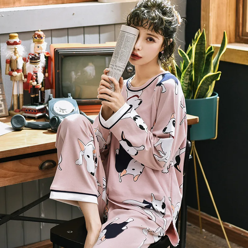 Women Pajamas Set Spring Autumn New Thin Cartoon Printed Long Sleeve Dog Cute Sleepwear Casual Homewear Female Pyjamas Korean