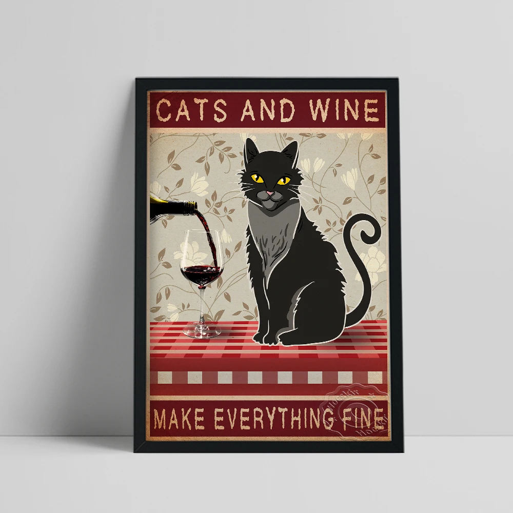 

Black Cat Poster, Cats And Wine Make Everything Fine Painting Decor, Funny Black Animal Wall Picture, Vintage Animal Wall Art