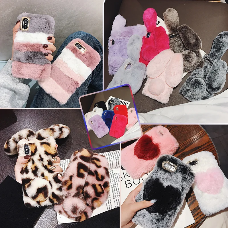 

Rabbit Fur Case for iPhone 11 2019 XI XIR X XS MAX XR 7 Plus 6 6S 8 Bling Plush Bunny Case Love heart Winter Cover