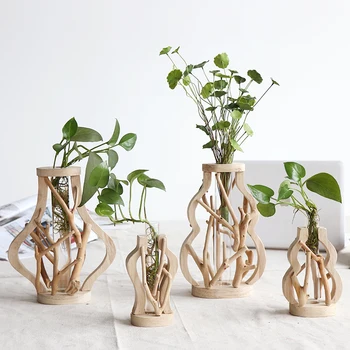 

Pure Handwork Wooden Vase Decorated with Solid Wood Flower Pot for Water Planting Creative Home Decorative Vase
