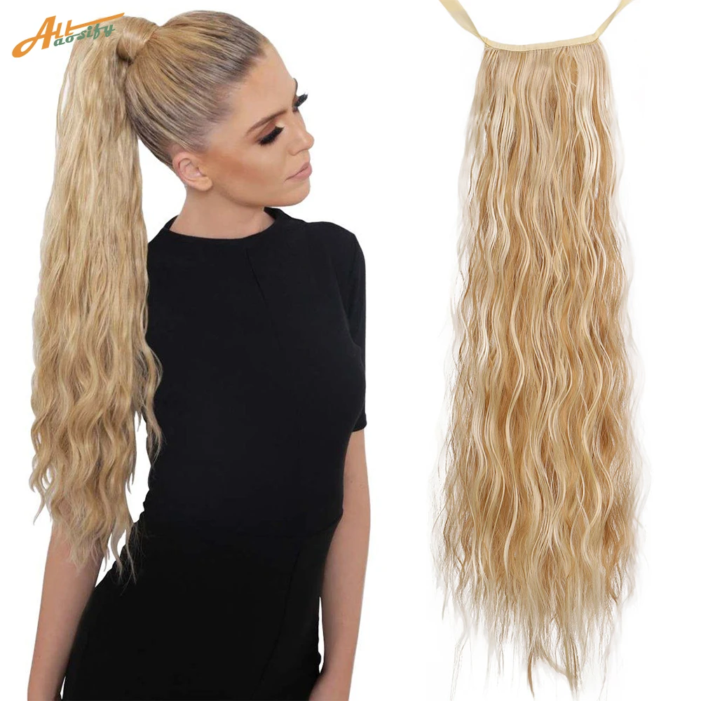

WRAP AROUND WAVY PONYTAIL Corn Wavy Long Ponytail Synthetic Hairpiece Wrap on Clip Hair Extensions Blond Brown Red Black