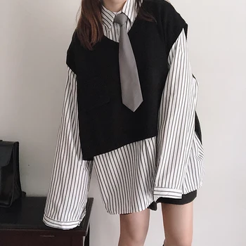 

Japanese Student Retro Striped Loose Blouse & V-neck Vest Sweater pullover Tops Girls Sweet Shirt Two Piece Sets Preppy Style