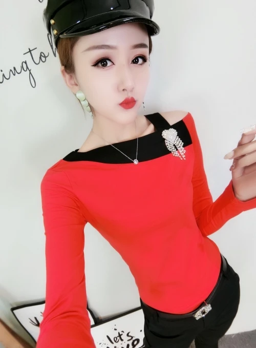 Red tshirt Модная Корейская Сексуальная футболка с вырезом лодочкой, Осень-зима, женская уличная одежда, полосатый топ, Облегающая рубашка, Camiseta Mujer T98513 - Цвет: Red tshirt
