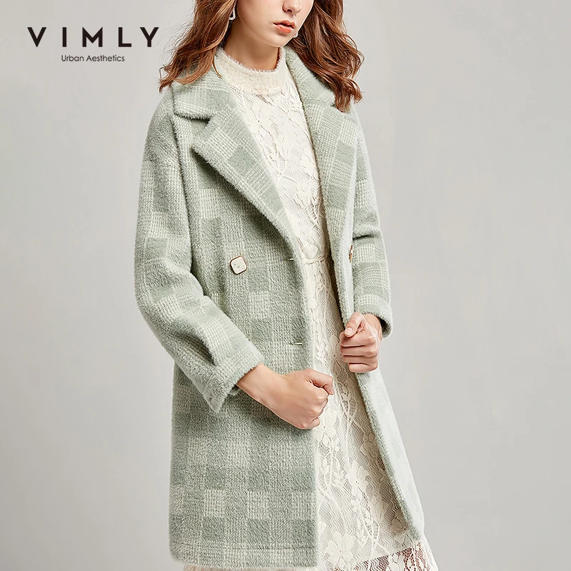 Vimly Женское шерстяное пальто зимнее клетчатое двубортное свободное плотное теплое с отложным воротником