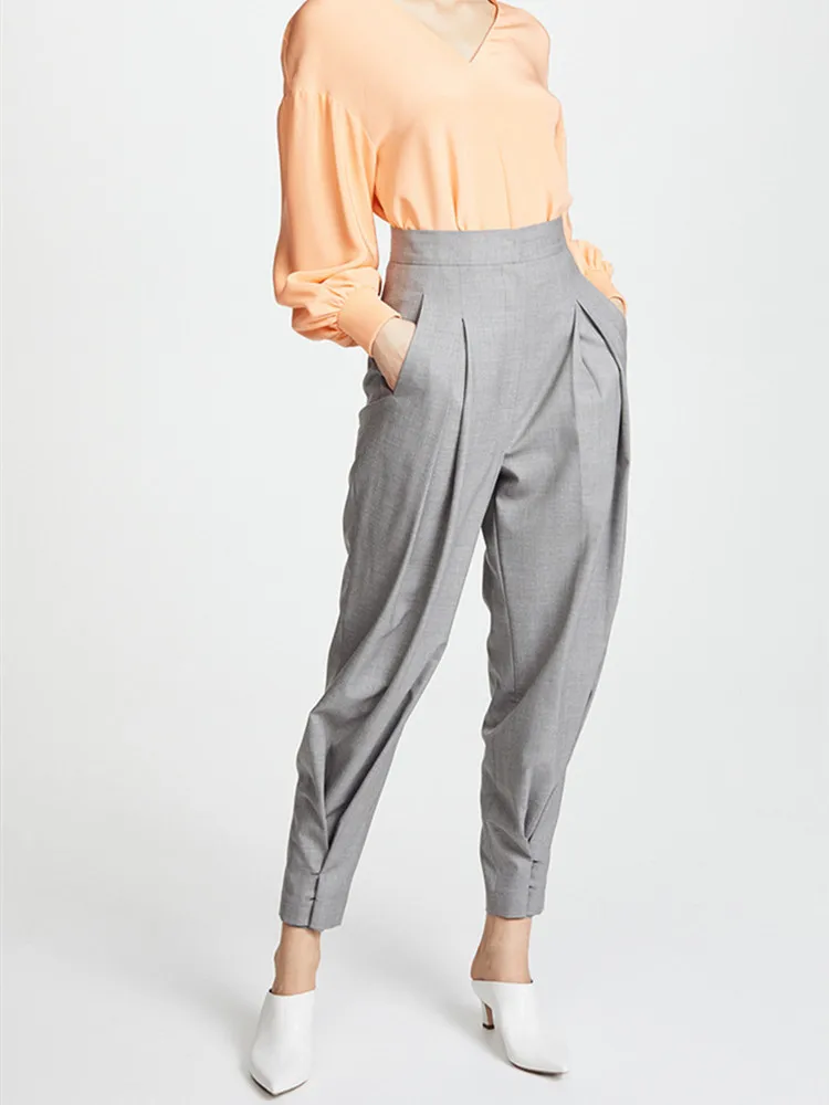 

Gray casual slim wide stylish leg pants loose Ankle-Length trousers with buttons two wearing type