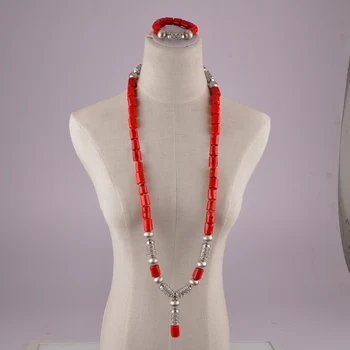 

Long Red Coral Jewelry Set for Men Nigerian Coral Beads Bridegroom Wedding Jewelry Sets