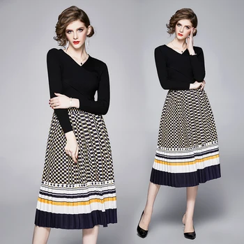 

2020 Cross V-neck Long-sleeve Knitwear Slimming Popular Pleated Fashion Skirt Western Style Set