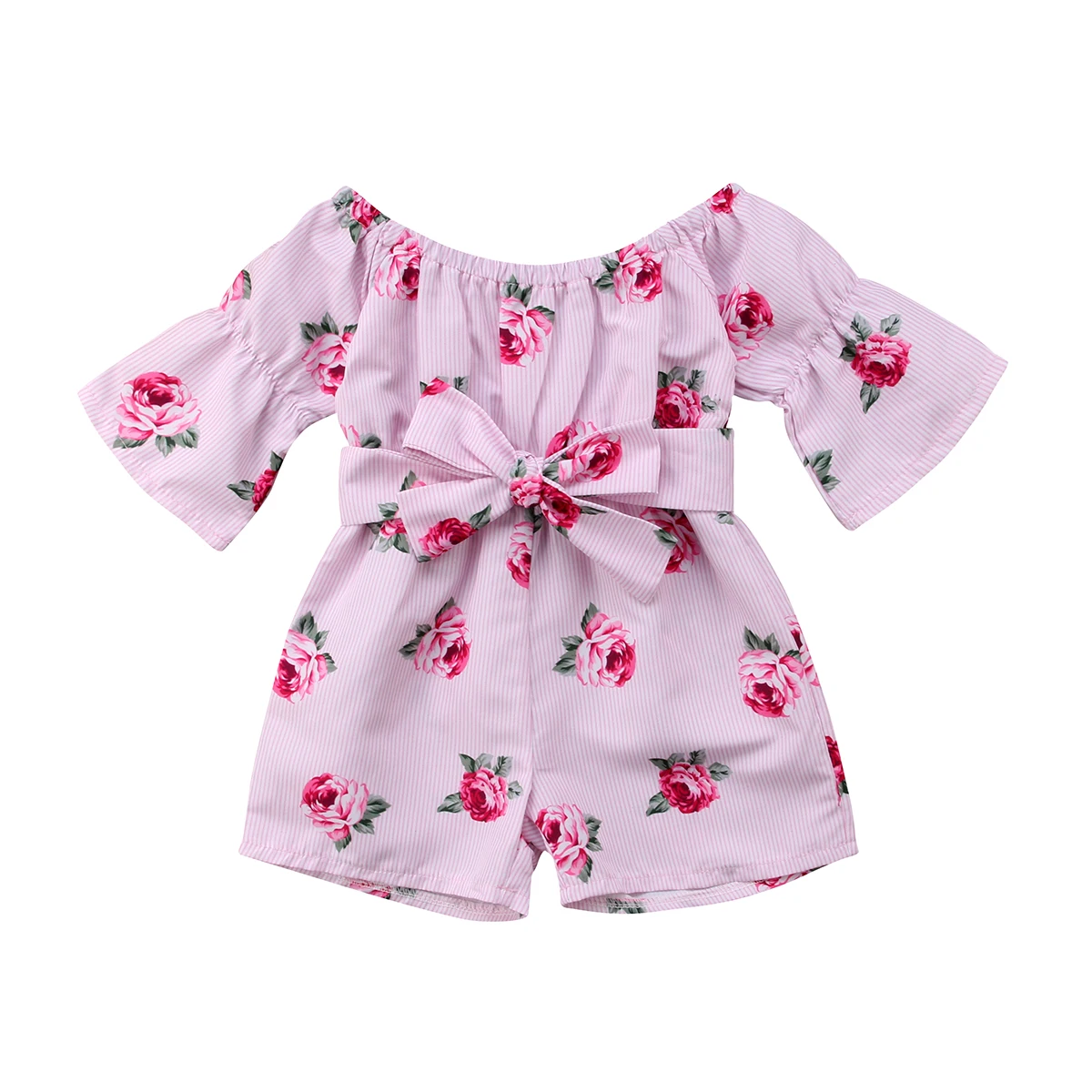 

2018 Brand New Princess Baby Girl Floral Romper Off shoulder Flare Sleeve Bow Striped Jumpsuit Playsuit Outfit Sunsuit Clothes