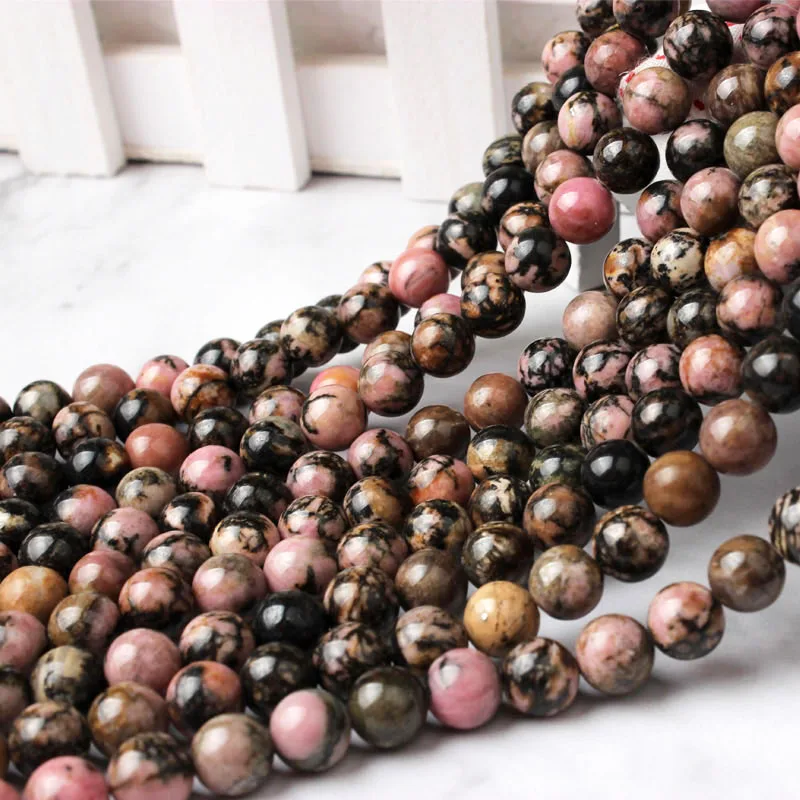 Rhodochrosite beads LanLi 4 6 8 10 12 мм натуральный ювелирный Черный-линия Родохрозит свободные бусины Подходит для DIY мужчин и женщин браслет ожерелье - Цвет: Rhodochrosite beads