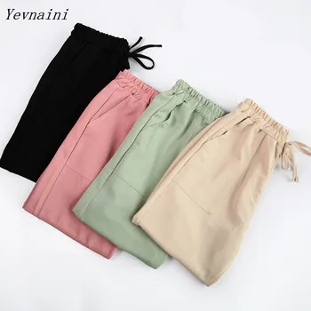 

4 Colors Womens Pants New Cotton Linen Summer Pants Trousers Elastic High Waist Korean Capris Lightweight Harem Pants Plus Size