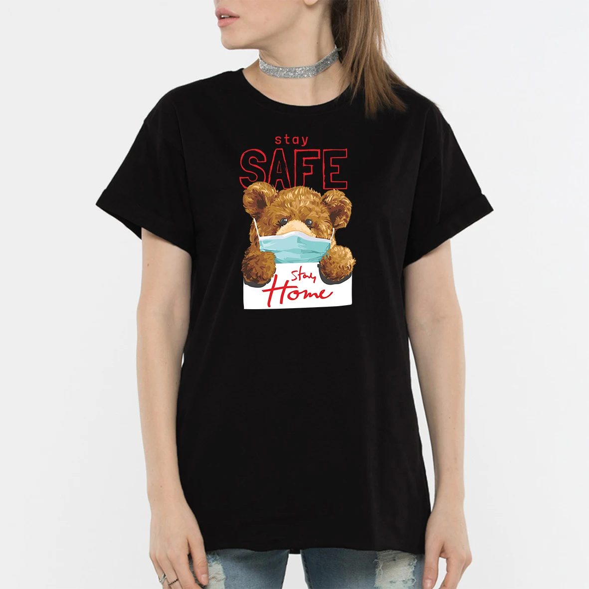 

BLINGPAW Teddy Bear Stay Safe Stay Home Letter Print T-shirt White Black Cotton Unisex Top&Tees Summer Custom Tee Shirts