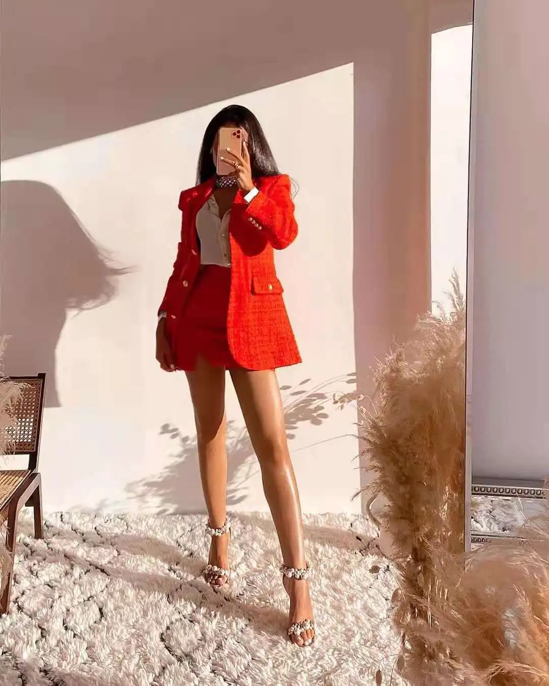 xikom 2021 Tweed Two pieces set Women red Vintage V Neck Long Sleeve Office Lady slim Blazer Coat Female Hight Waist  - ?skirt suit