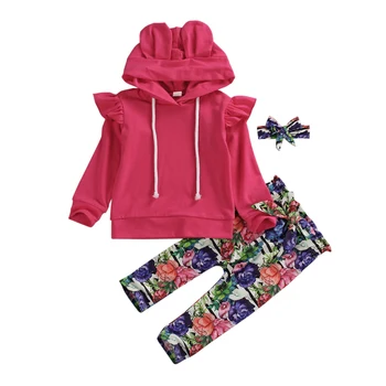 

Infant Baby Girl Clothes Sets 0-24M Floral Print Hooded Pullover Tops Pants Headband Outfits Set Clothes