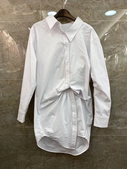 

2020 Spring and Summer New Women's Small Lapel jia liang jian tao Decoration Plain Long-Sleeve Long Blouse Shirt 412