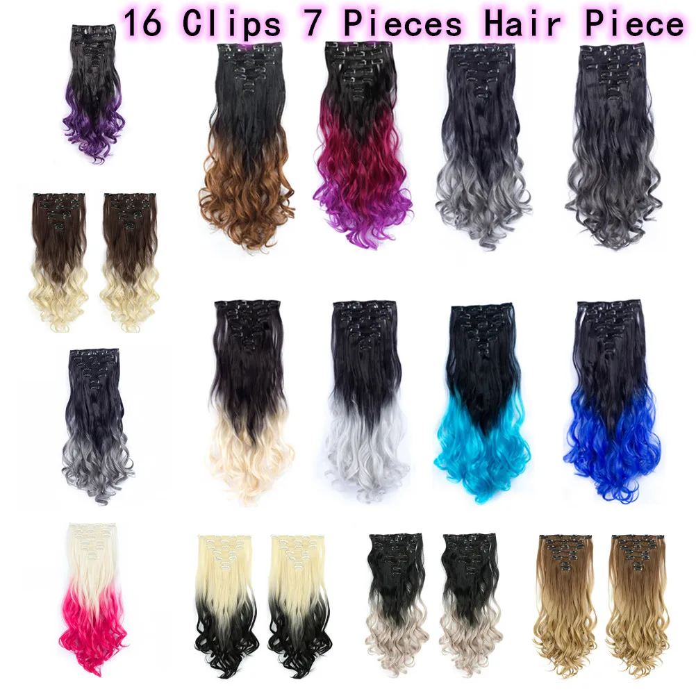 16 Clips 7pcs/set SHUOHAN Clip-in Synthetic Ombre Hair Piece Extension Wavy Clip In Brown Blonde Purple Pink Golden Red Gray | Шиньоны и