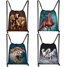 elegent animal horse print drawstring bag women men storage bag fashion rucksack cute pony boys girls backpack kids bookbag gift