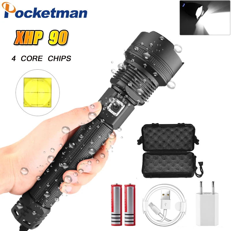 

20000LM XHP90 Most Powerful LED Flashlight XHP70.2 USB Lamp Rechargeable Tactical Light 18650&26650 Zoom Torch Camping Hunting