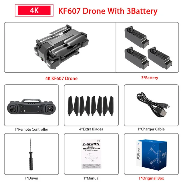 4k 3 battery Дрон KF607 wifi FPV RC Drone 4K Камера Ультра HD Двойная камера Дрон Безголовый режим одно касание посадочный Квадрокоптер Дрон с камерой квадрокоптер с камерой вертолет квадракоптер аккумулятор квадрокоптер - Цвет: 4k 3 battery