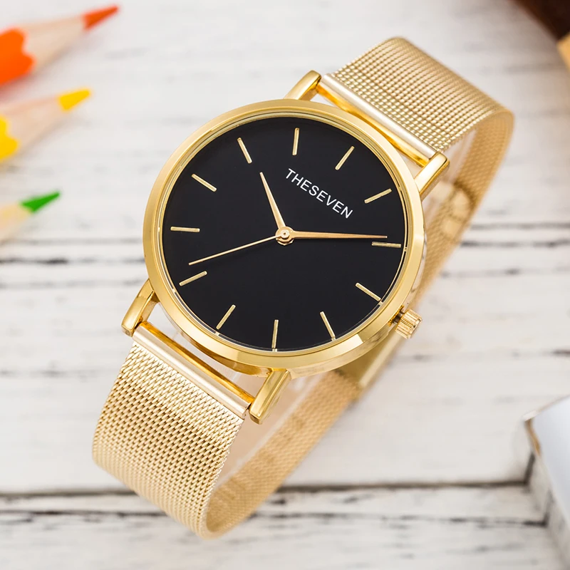 Стильные кварцевые часы женские сетчатые браслет из нержавеющей стали Роскошные женские наручные часы для женщин - Цвет: gold black