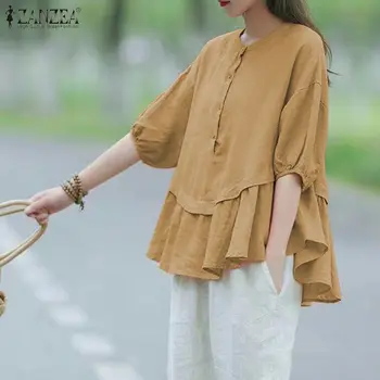 

ZANZEA Women 3/4 Sleeve Ruffles Hem Blouse Summer Solid Cotton Linen Shirt Casual Loose Tops Buttons Blusas Femininas Chemise
