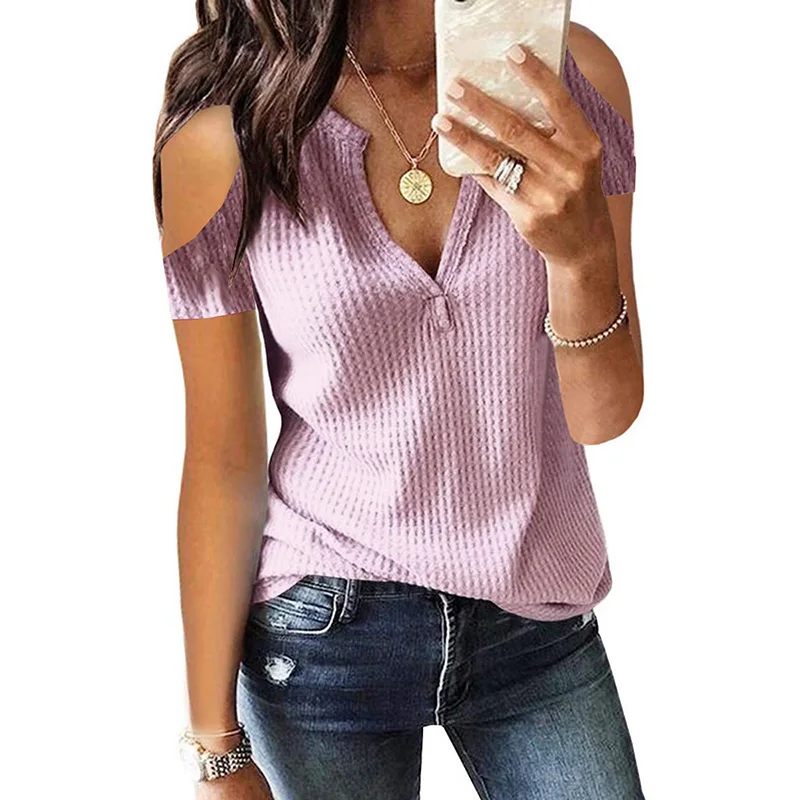 

2020 Sexy Off Shoulder Short Sleeve Women Tops and Blouses Black White Pink Gray Plus Size Casual Solid Shirts Tee Blusas Female
