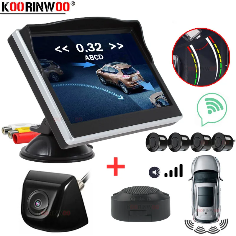 Koorinwoo Intelligent System For Cars Parking Sensors 4 Black/Silver/Grey Probes Wide Angle Camera Rear view windshield Monitor