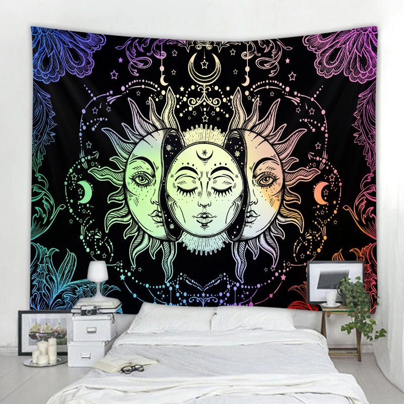 Mandala Tapestry White Black Sun Moon Tapestry Hippie Zhanpu Witchcraft Decorative Blanket