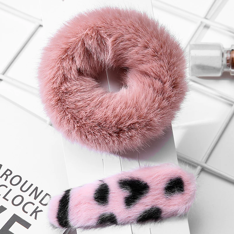 Pink set Новинка, 11 цветов, милые разноцветные меховые мягкие эластичные резинки для волос для женщин и девушек, зимние резинки, держатель для конского хвоста, модные аксессуары для волос - Цвет: Pink set