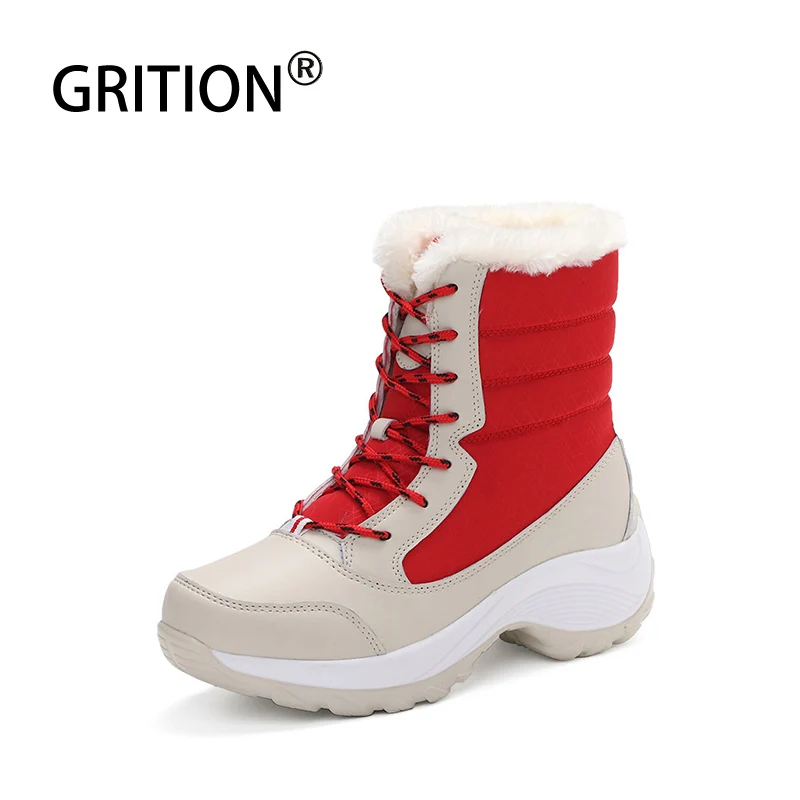 

GRITION Women Snow Boots Camping Leather Winter Warm Shoes Big Size Wedge Platform Handsome Footwear Mid Heels 2019 New Arrival