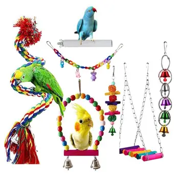 

7Pcs Pet Bird Parrot Chewing Toys Colorful Hammock Stand Bell Cage Decoration