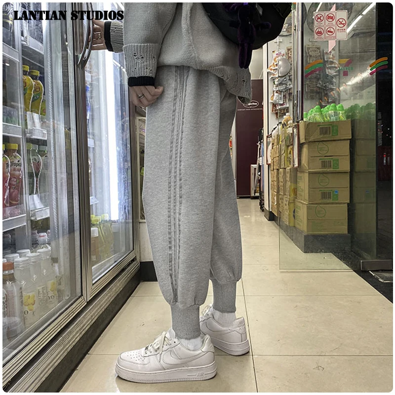 LT Stuidos Winter Warm Plus Velet Men's Sweatpants Korean Side Strip Man Casual Cargo Pants Black Gray Male Loose Trousers - Цвет: Grey