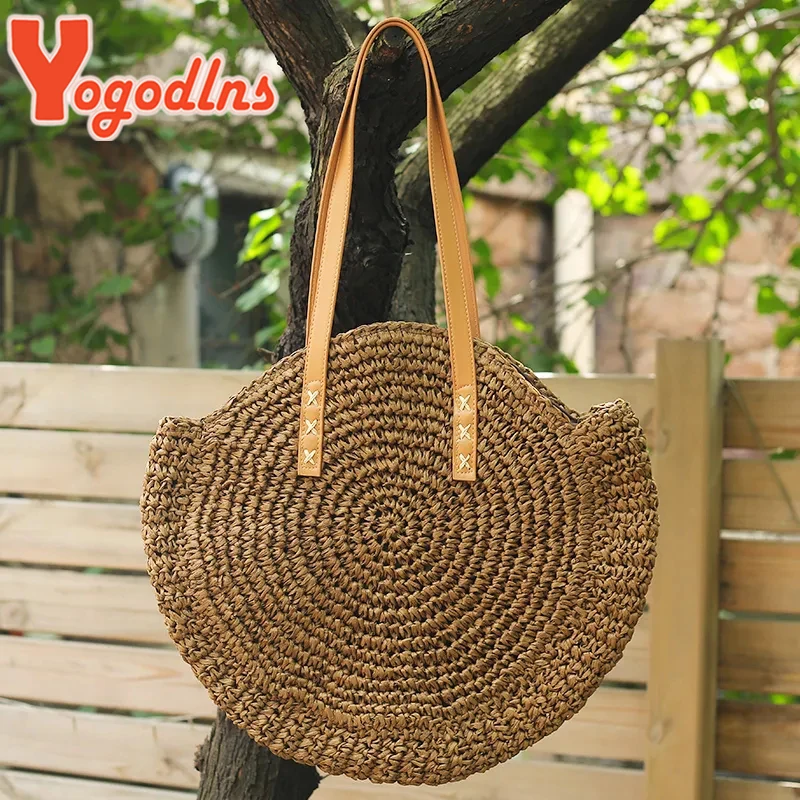 Yogodlns Women Large Capacity Round Straw Shoulder Bag Fashion