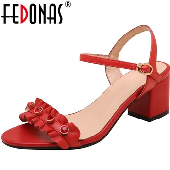 

FEDONAS Brand Design Ruffles Women Sandals Genuine Leather High Heels Pumps New Arrival Summer Cool Basic Office Shoes Woman