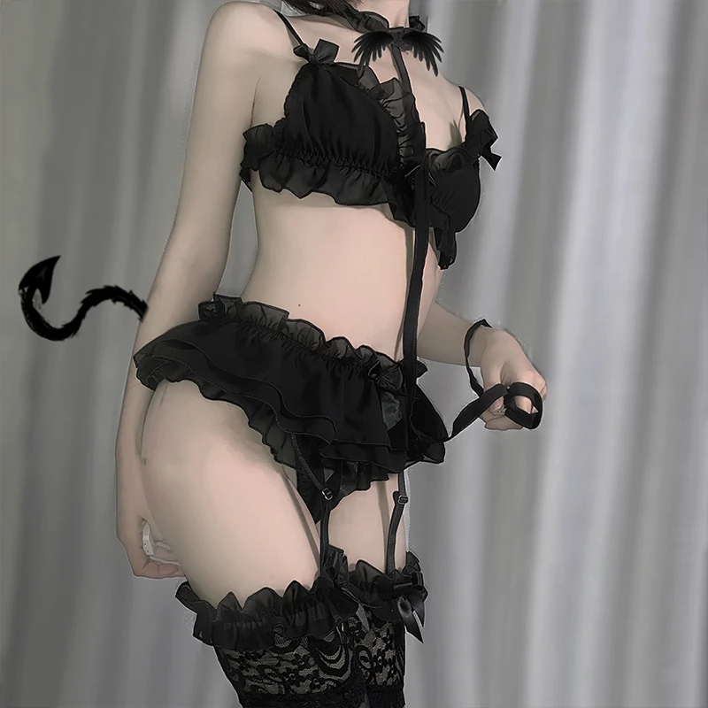 

Japanese Lolita Women Sexy Lingerie Set Cute Ruffles Lace Kawaii Babydoll Soft Girl Black Pajamas Cosplay Costumes Underwear Set
