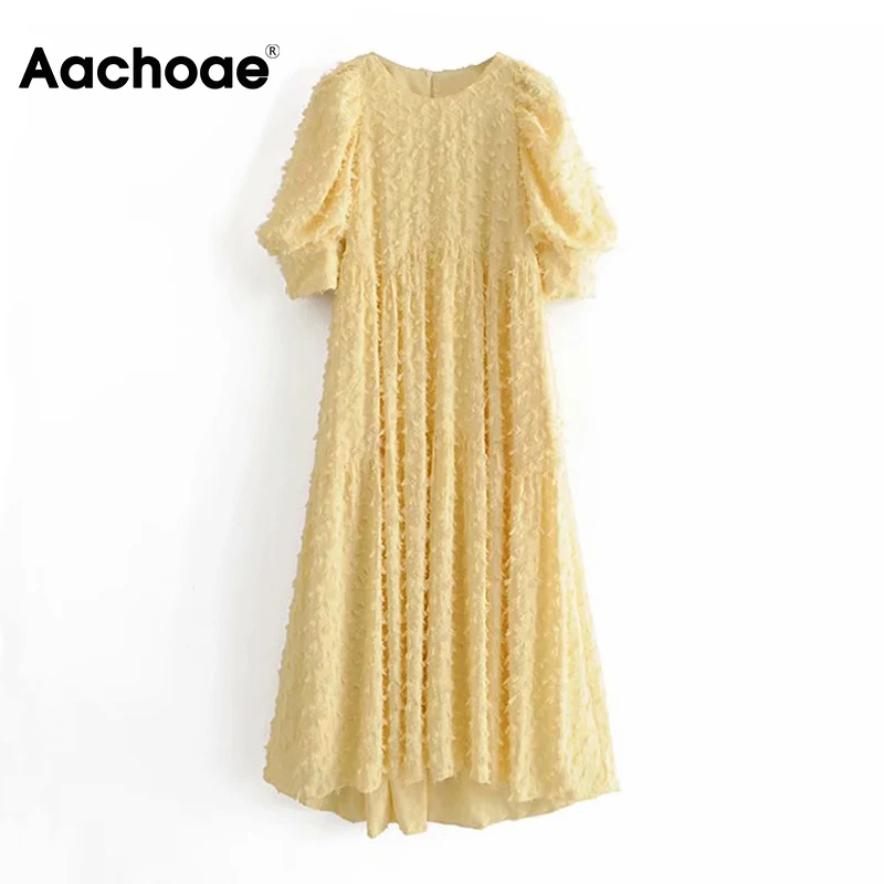 Aachoae Women Elegant Long Dress 2020 Puff Short Sleeve Loose Casual Dress Ladies Yellow Pleated Midi Dresses Vestidos Mujer Aachoae Women Elegant Long Dress 2020 Puff Short Sleeve Loose Casual Dress Ladies Yellow Pleated Midi Dresses Vestidos Mujer